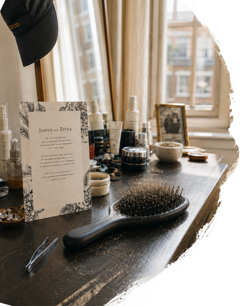 Dressing table with hairbrush and invitations